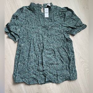 LOFT Green Pleated Blouse with Peter Pan Collar